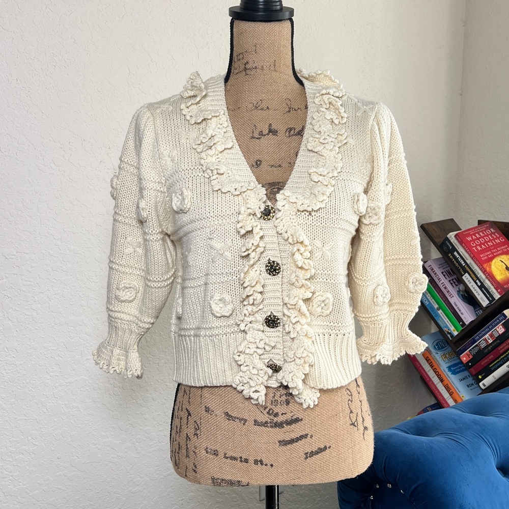 Zara Cream Textured Ruffle-Trim Button Cardigan